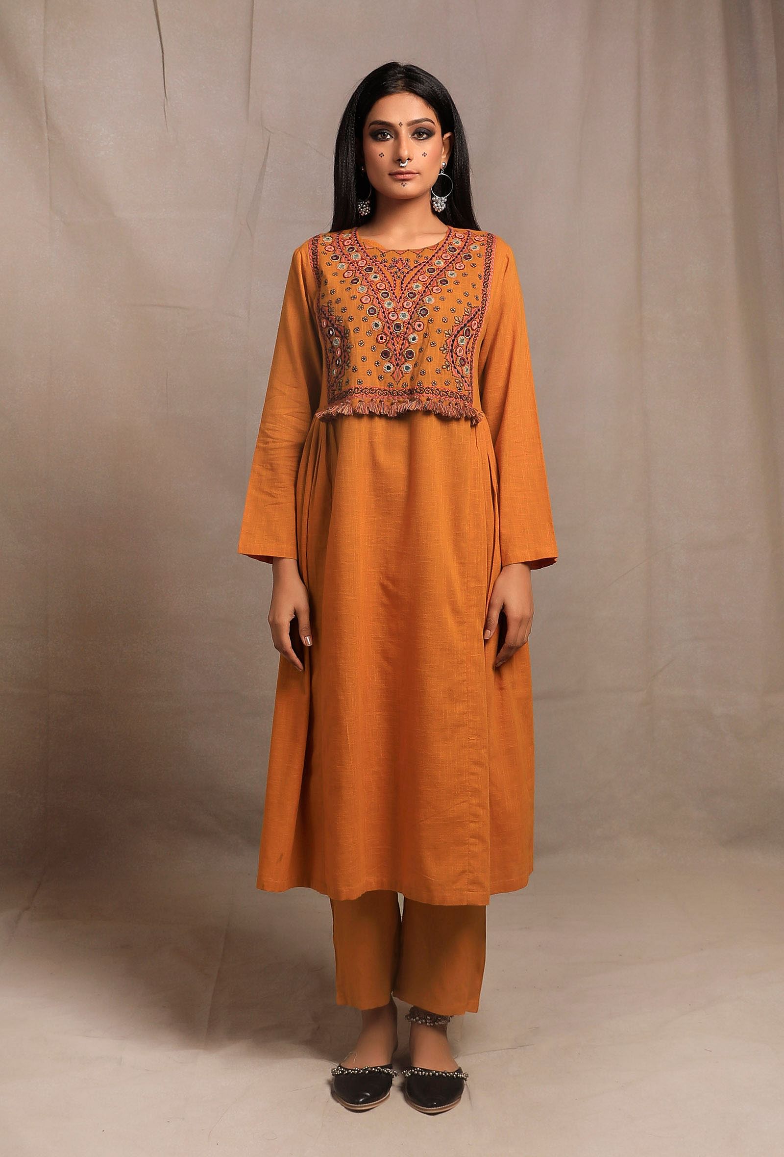 Brown silk gathered kurta-dress set with appliqué stripes along with a –  Kora India